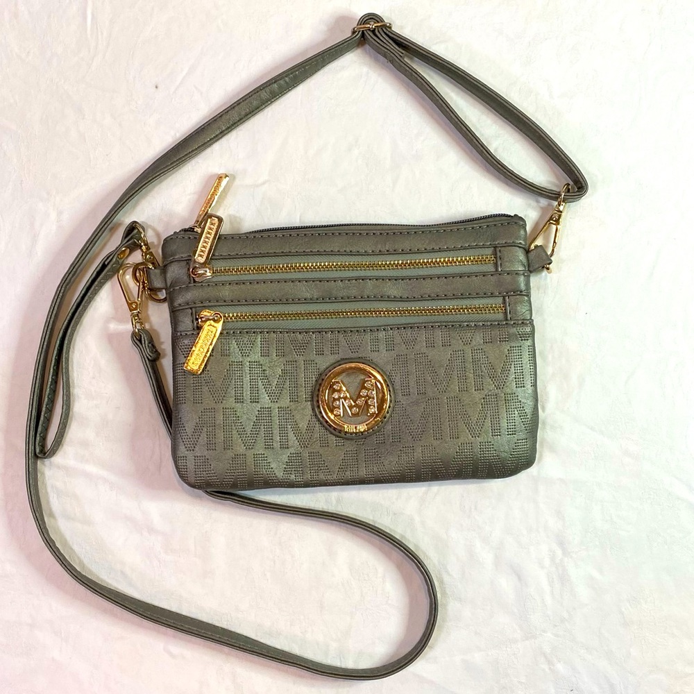 M blinged logo Pistachio green cross body bag purse